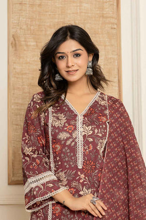 Red Floral Print Lace Work Pure Cotton Kurti Pant Set