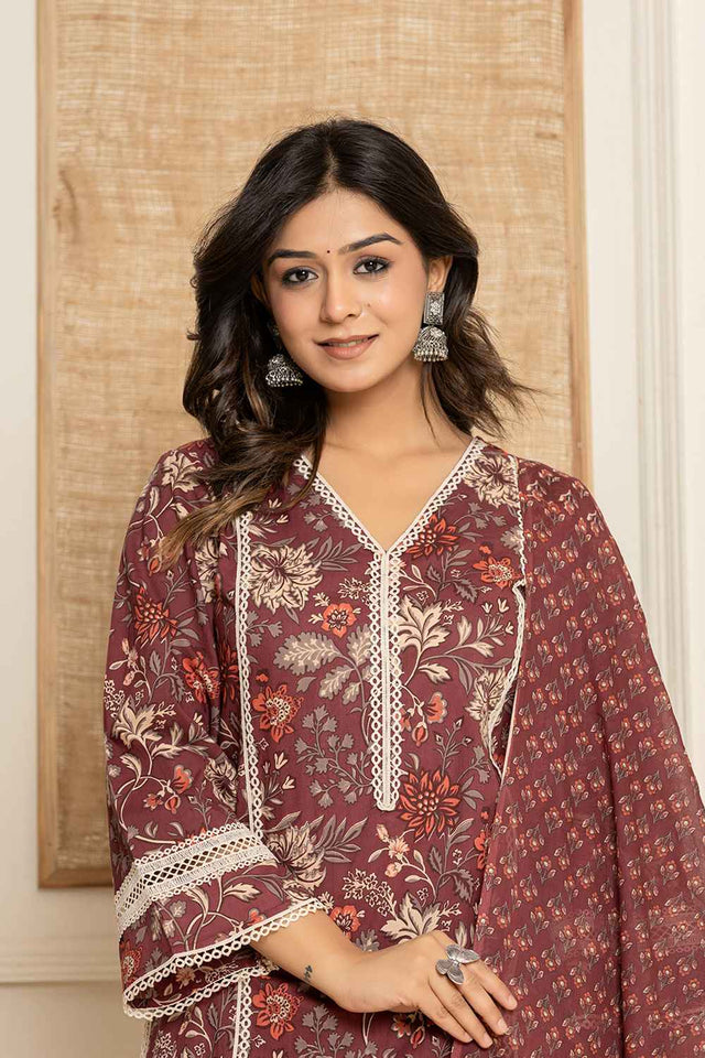 Red Floral Print Lace Work Pure Cotton Kurti Pant Set