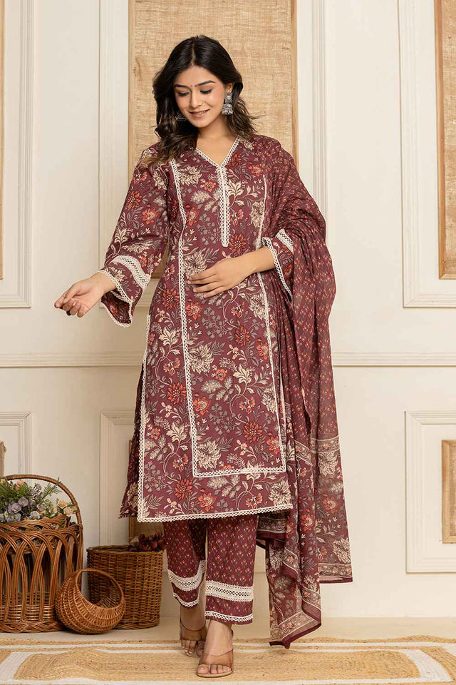 Red Floral Print Lace Work Pure Cotton Kurti Pant Set