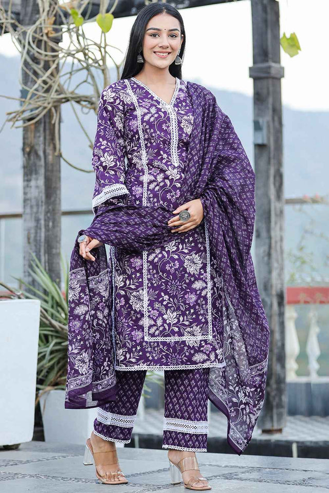 Violet Floral Print Pure Cotton Kurti Pant Set