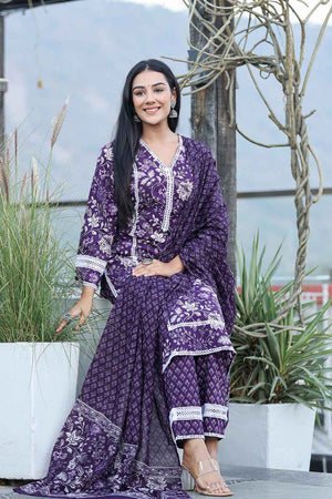 Violet Floral Print Pure Cotton Kurti Pant Set