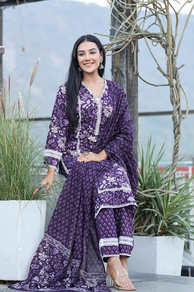 Violet Floral Print Pure Cotton Kurti Pant Set