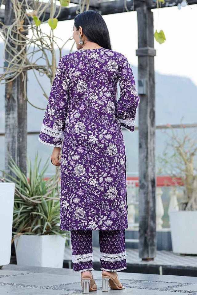 Violet Floral Print Pure Cotton Kurti Pant Set