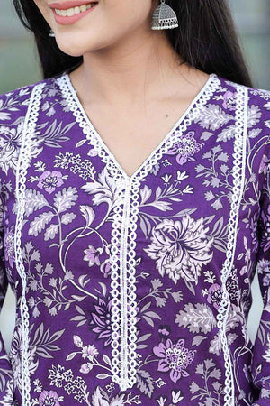 Violet Floral Print Pure Cotton Kurti Pant Set