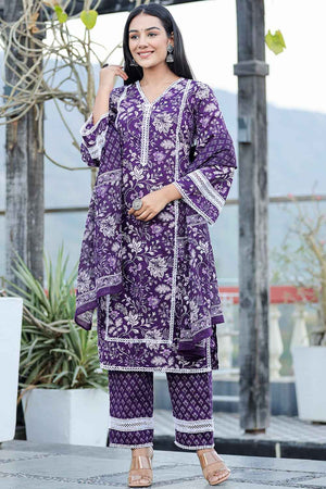 Violet Floral Print Pure Cotton Kurti Pant Set