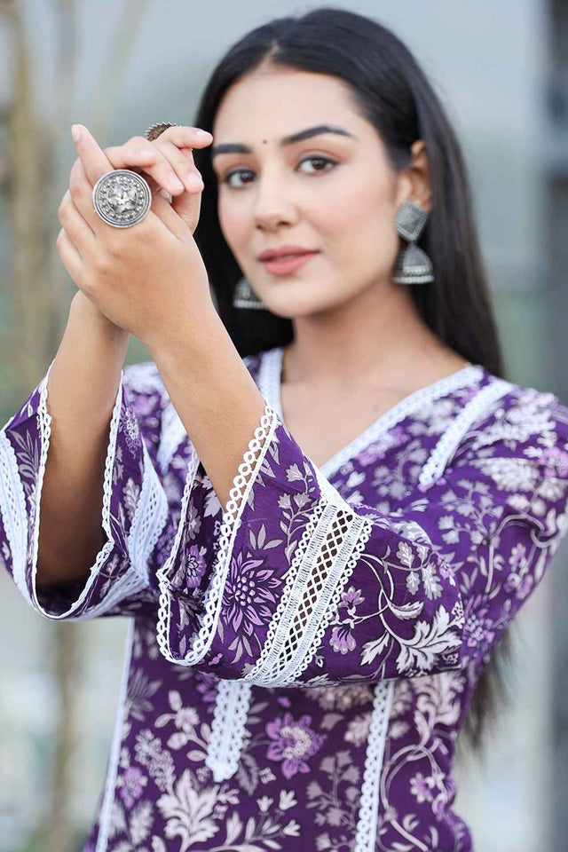 Violet Floral Print Pure Cotton Kurti Pant Set