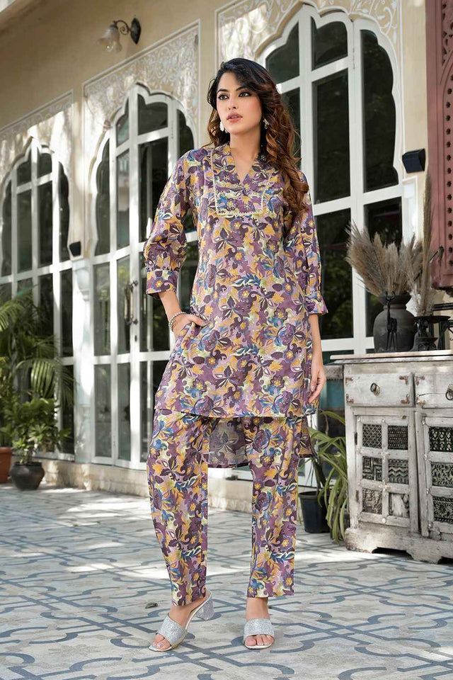 Violet Embroidered Silk Co-Ord Set