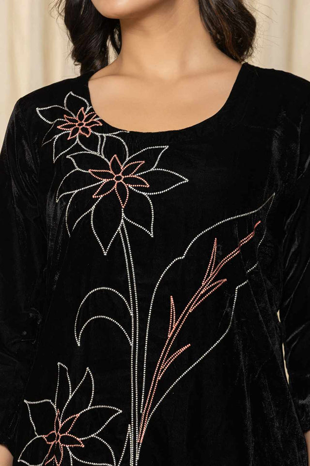 Black Embroidered Velvet Co-Ord Set (1839CRDBK)