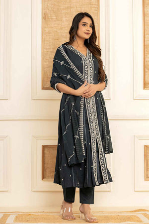 Blue Solid Embroidered Pure Cotton Kurti Pant Set