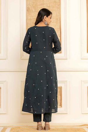 Blue Solid Embroidered Pure Cotton Kurti Pant Set