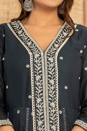 Blue Solid Embroidered Pure Cotton Kurti Pant Set