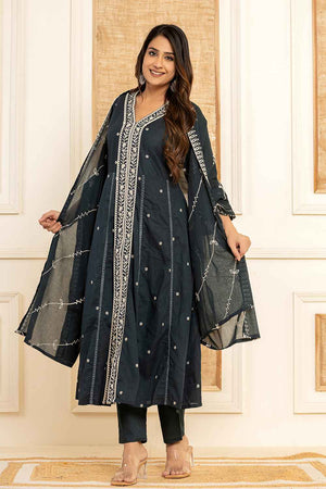 Blue Solid Embroidered Pure Cotton Kurti Pant Set