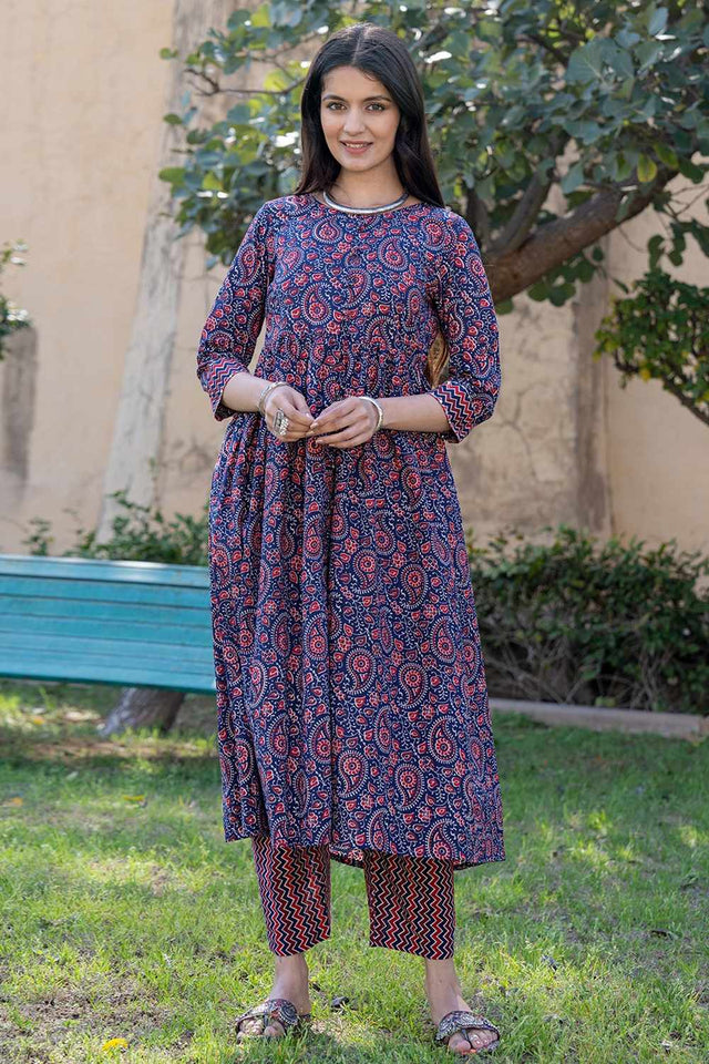 Multi-Color Paisley Print Cotton Kurti Pant Set