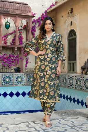 Olive Floral Print Patch Work Muslin Silk Kurti Pant Set (1885SETGR)