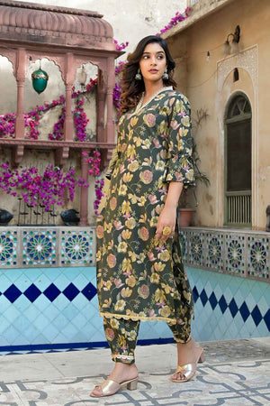 Olive Floral Print Patch Work Muslin Silk Kurti Pant Set (1885SETGR)