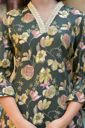Olive Floral Print Patch Work Muslin Silk Kurti Pant Set (1885SETGR)