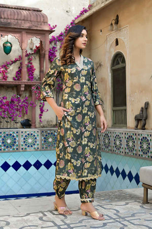 Olive Floral Print Patch Work Muslin Silk Kurti Pant Set (1885SETGR)