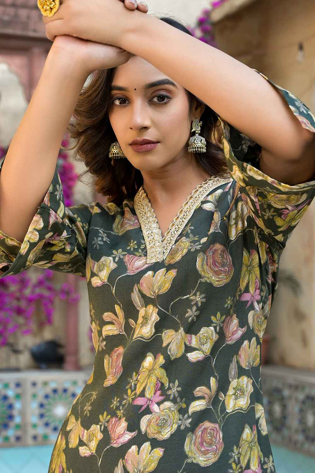 Olive Floral Print Patch Work Muslin Silk Kurti Pant Set (1885SETGR)