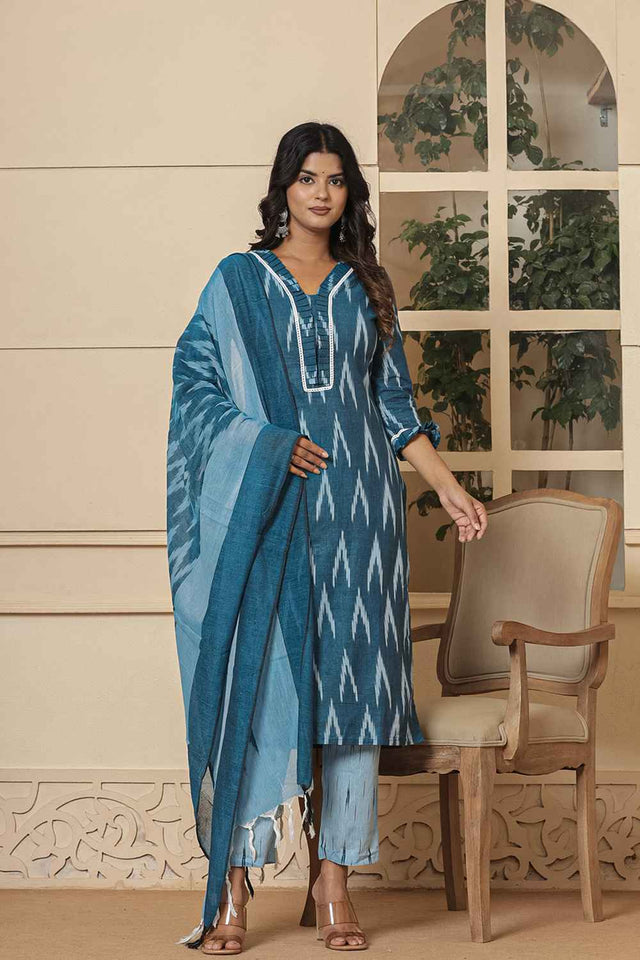 Blue Ikat Print Pure Cotton Kurti Pant Set