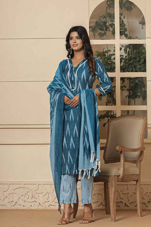 Blue Ikat Print Pure Cotton Kurti Pant Set