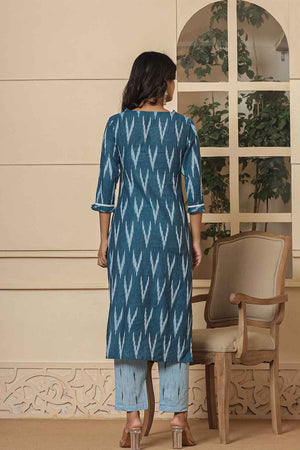 Blue Ikat Print Pure Cotton Kurti Pant Set
