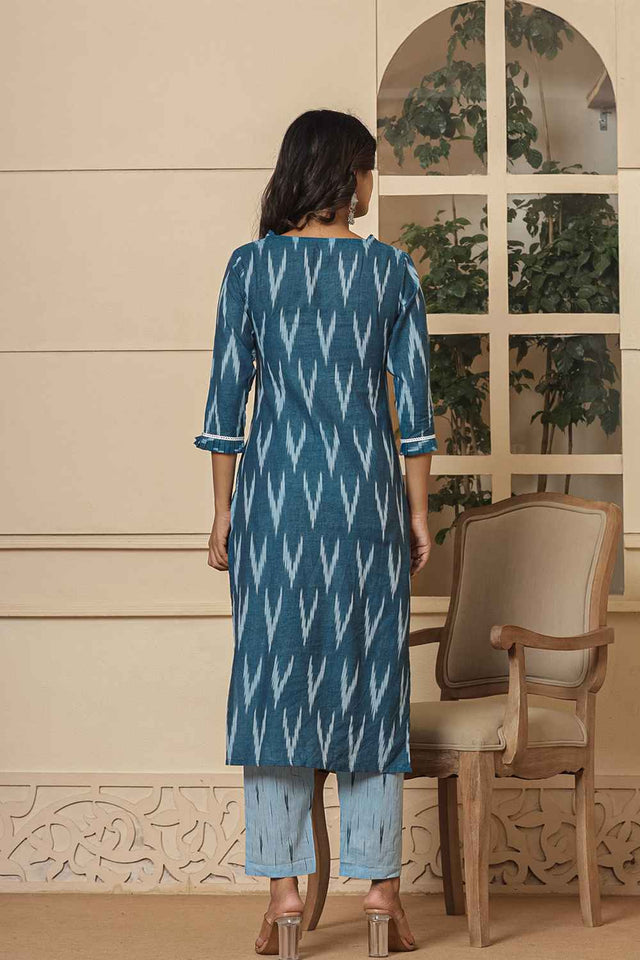 Blue Ikat Print Pure Cotton Kurti Pant Set