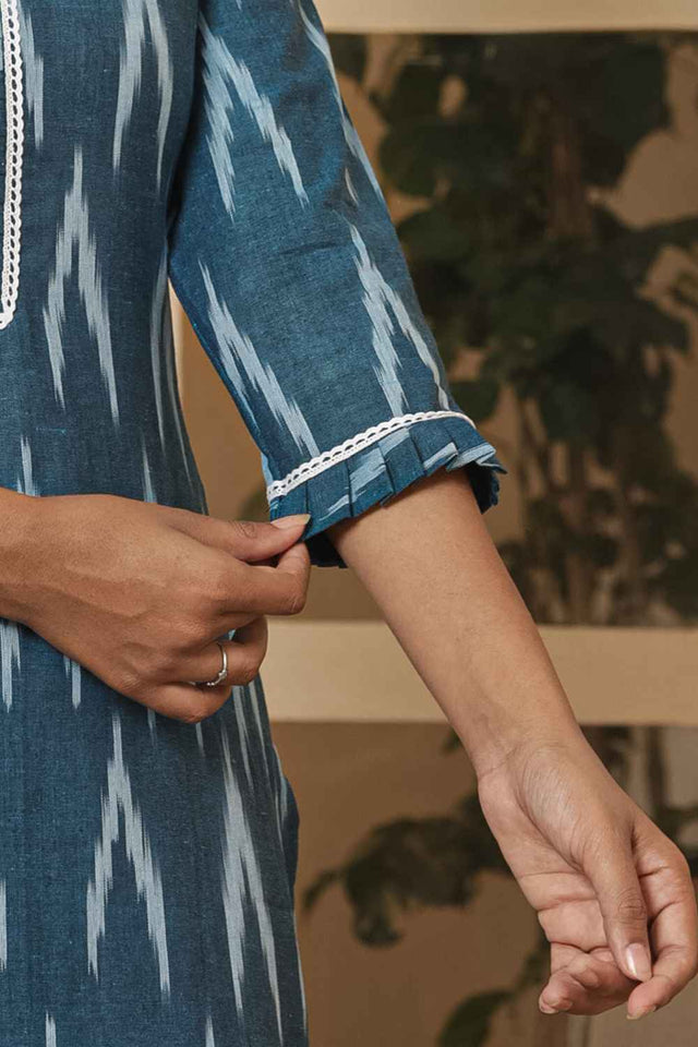 Blue Ikat Print Pure Cotton Kurti Pant Set
