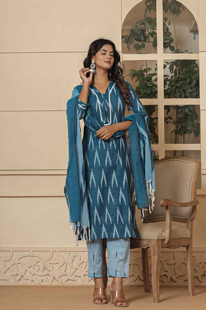 Blue Ikat Print Pure Cotton Kurti Pant Set