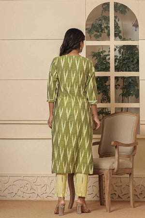 Green Ikat Print Pure Cotton Kurti Pant Set