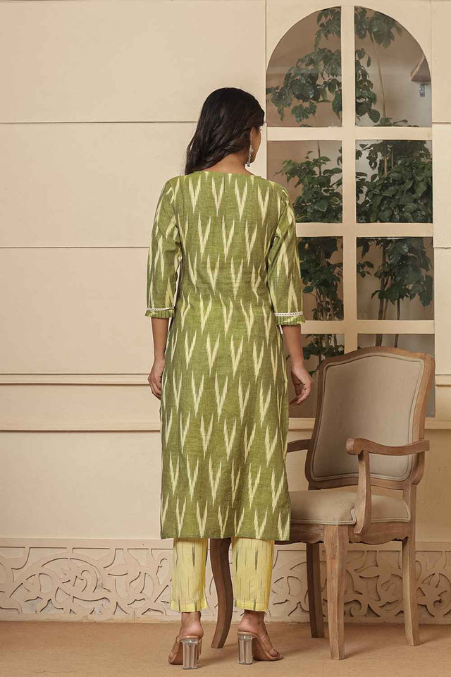 Green Ikat Print Pure Cotton Kurti Pant Set