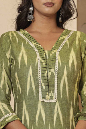 Green Ikat Print Pure Cotton Kurti Pant Set