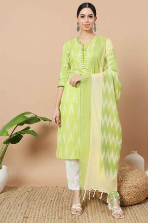 Green Ikat Print Pure Cotton Kurti Pant Set
