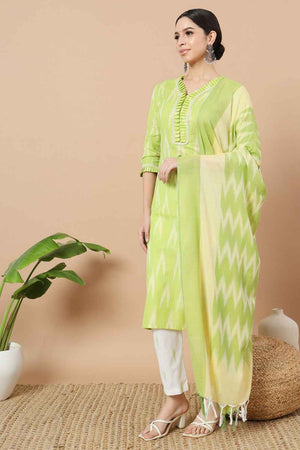 Green Ikat Print Pure Cotton Kurti Pant Set