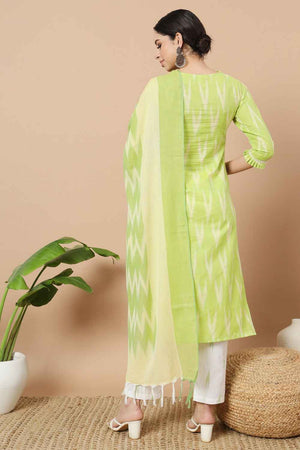Green Ikat Print Pure Cotton Kurti Pant Set