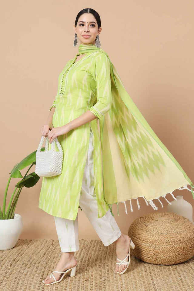 Green Ikat Print Pure Cotton Kurti Pant Set