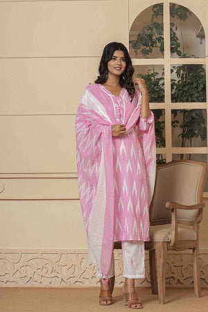 Pink Ikat Print Pure Cotton Kurti Pant Set