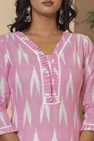 Pink Ikat Print Pure Cotton Kurti Pant Set