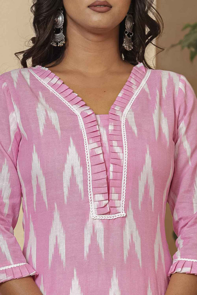 Pink Ikat Print Pure Cotton Kurti Pant Set