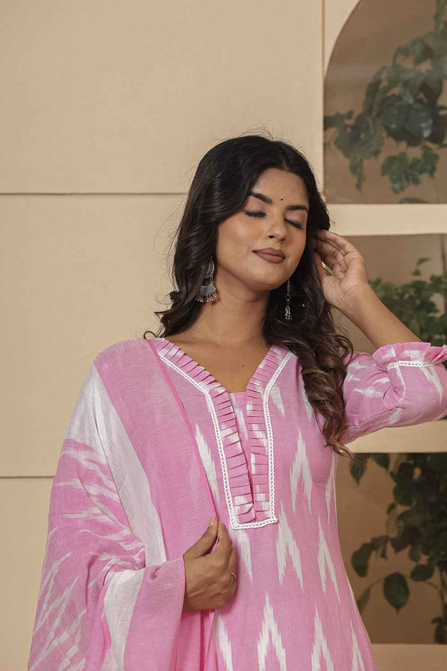 Pink Ikat Print Pure Cotton Kurti Pant Set