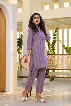 Violet Striped Print Cotton Co-Ord Set