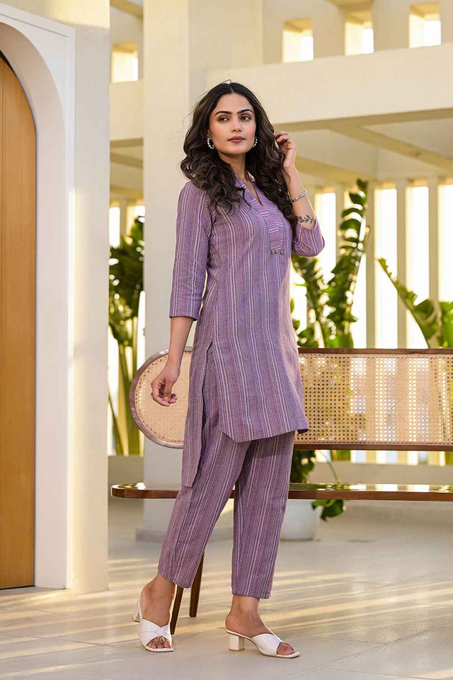 Violet Striped Print Cotton Co-Ord Set