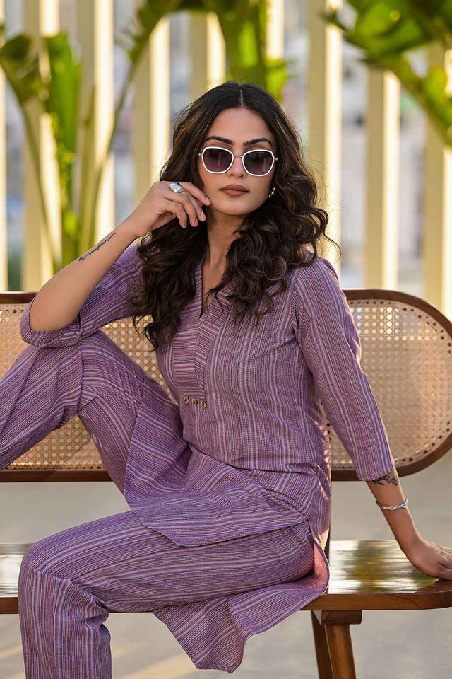 Violet Striped Print Cotton Co-Ord Set