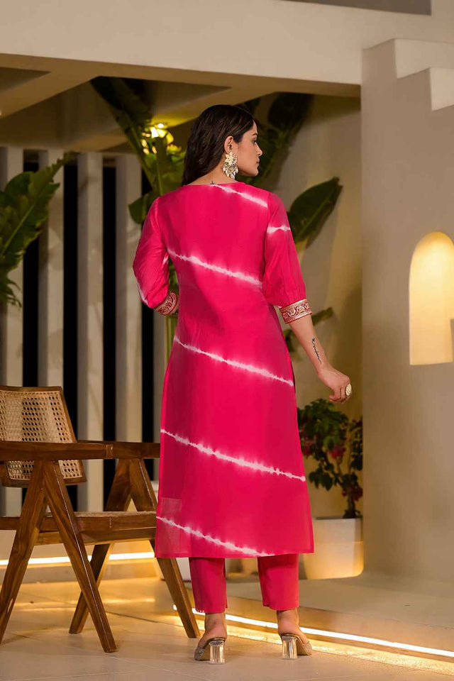 Pink Sequins Work Chanderi Silk Kurti Pant Set (1934SKDPK)