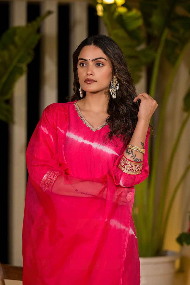Pink Sequins Work Chanderi Silk Kurti Pant Set (1934SKDPK)
