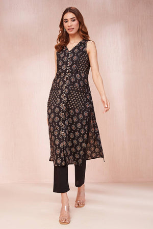 Black Ethnic Motifs Printed Cotton Straight Kurti
