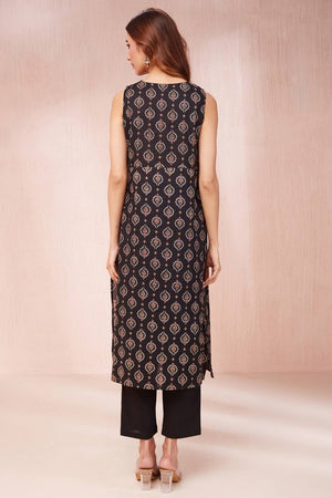 Black Ethnic Motifs Printed Cotton Straight Kurti