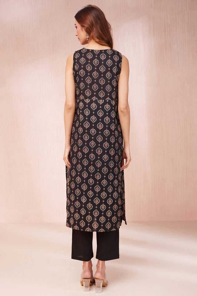 Black Ethnic Motifs Printed Cotton Straight Kurti