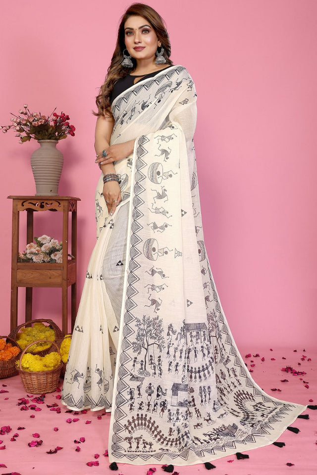 White Warli Printed Cotton Saree (2-SOFTLILAN)
