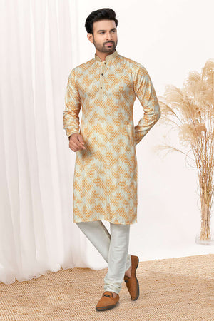 Yellow Printed Cotton Kurta Pyjama Set