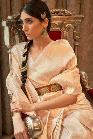 Kaabha Silk Cream Woven Handloom Saree